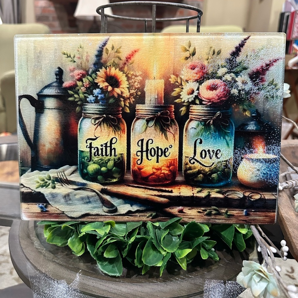 Rustic Faith Hope Love Kitchen Glass Cutting Board